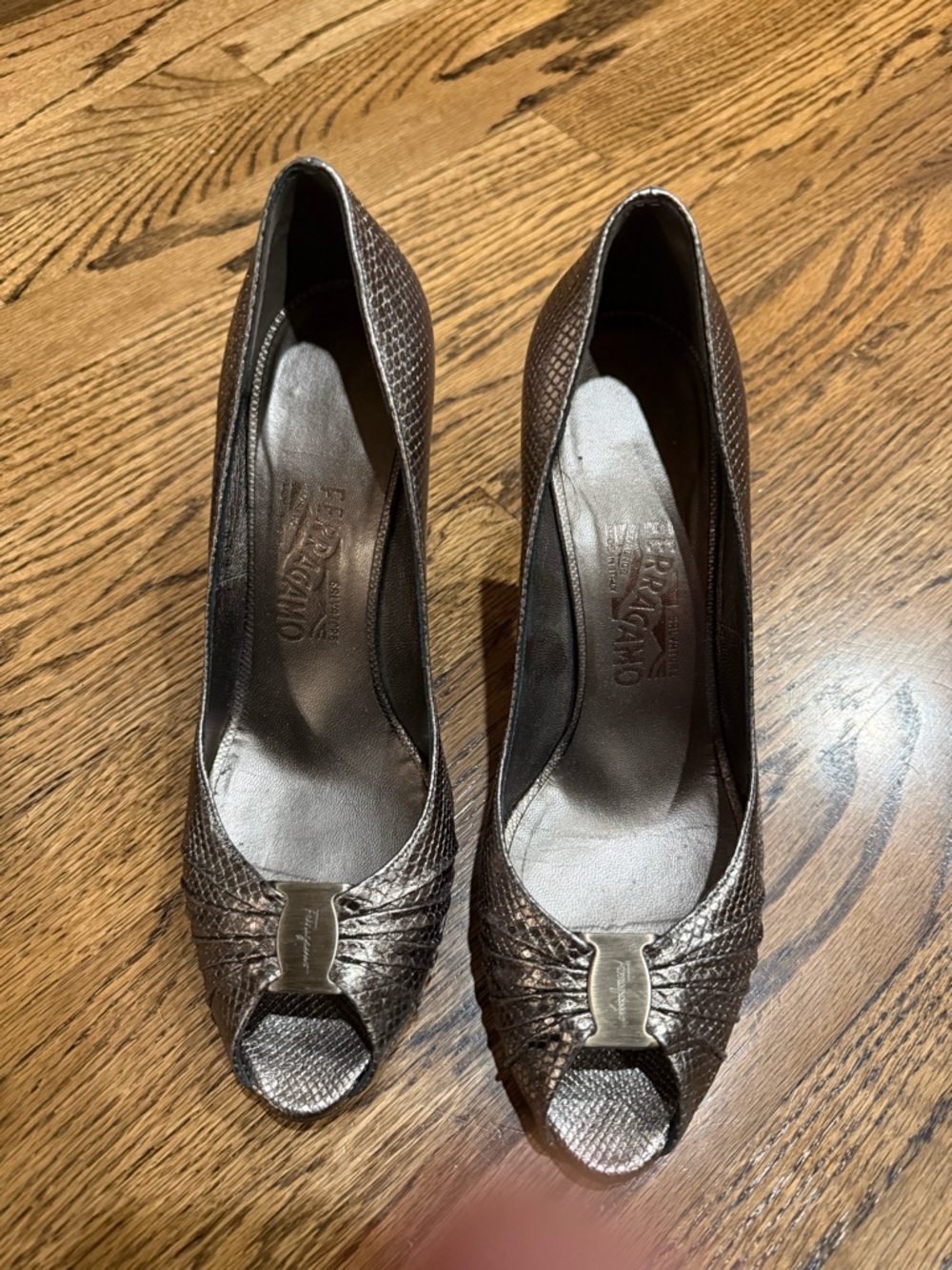 Salvatore Ferragamo Metallic Bronze Textured Peep-Toe Pumps